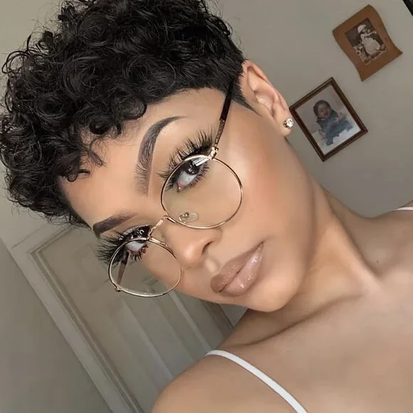 Short Curly Pixie Cut Wigs with Bangs Human Hair for Black Women Non Lace Full M